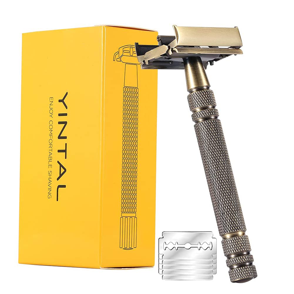 Safety Razor Handle - YINTAL 真鍮安全カミソリ 男性用、両刃ひげと口ひげシェービング、滑り止め拡張ハンドル、ユニバーサルブレード Compati 付き