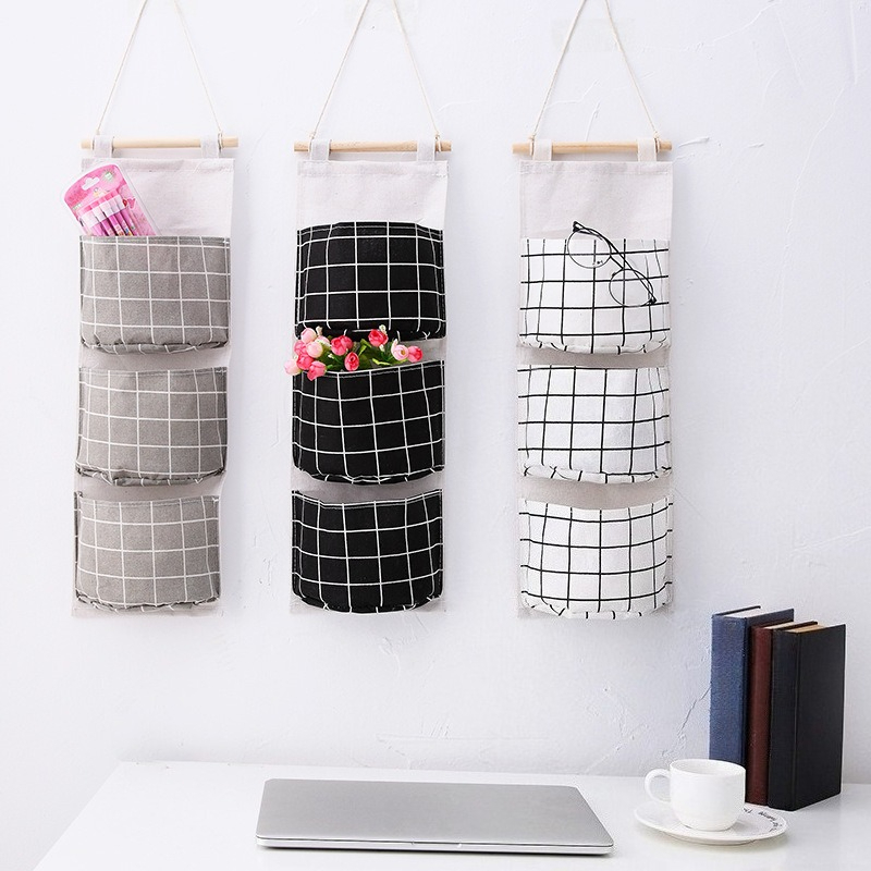 Linen Bag Bulk - 格子柄コットンリネン製吊り下げ収納バッグ 3ポケット ドアオーガナイザー 壁掛けポーチ 寝室・浴室用収納ホルダーアクセサリー