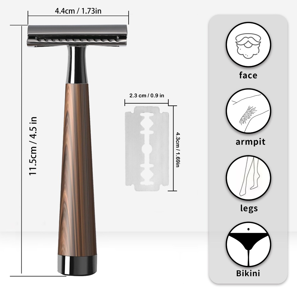 Safety Razor Handle - 高級両刃安全カミソリ 木製風ハンドル ヘビーデューティー高品質 メンズシェービングツール ギフトボックス入り（5枚刃付き）