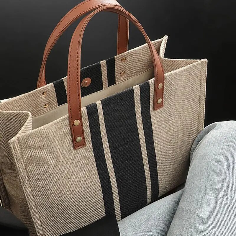 女性のための大容量キャンバストラベルバッグ、ストライプパター - Linen Bag Bulk のレビューと価格